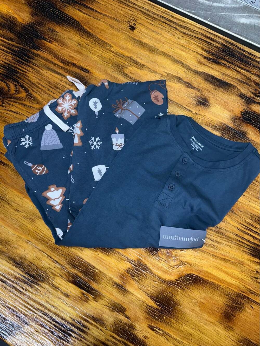 Pajamagram Holiday Henley Pajama Set Size SM Dark Blue Christmas